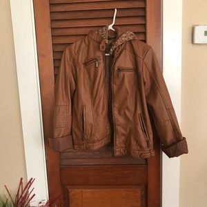 Faux leather woman’s jacket with hood
